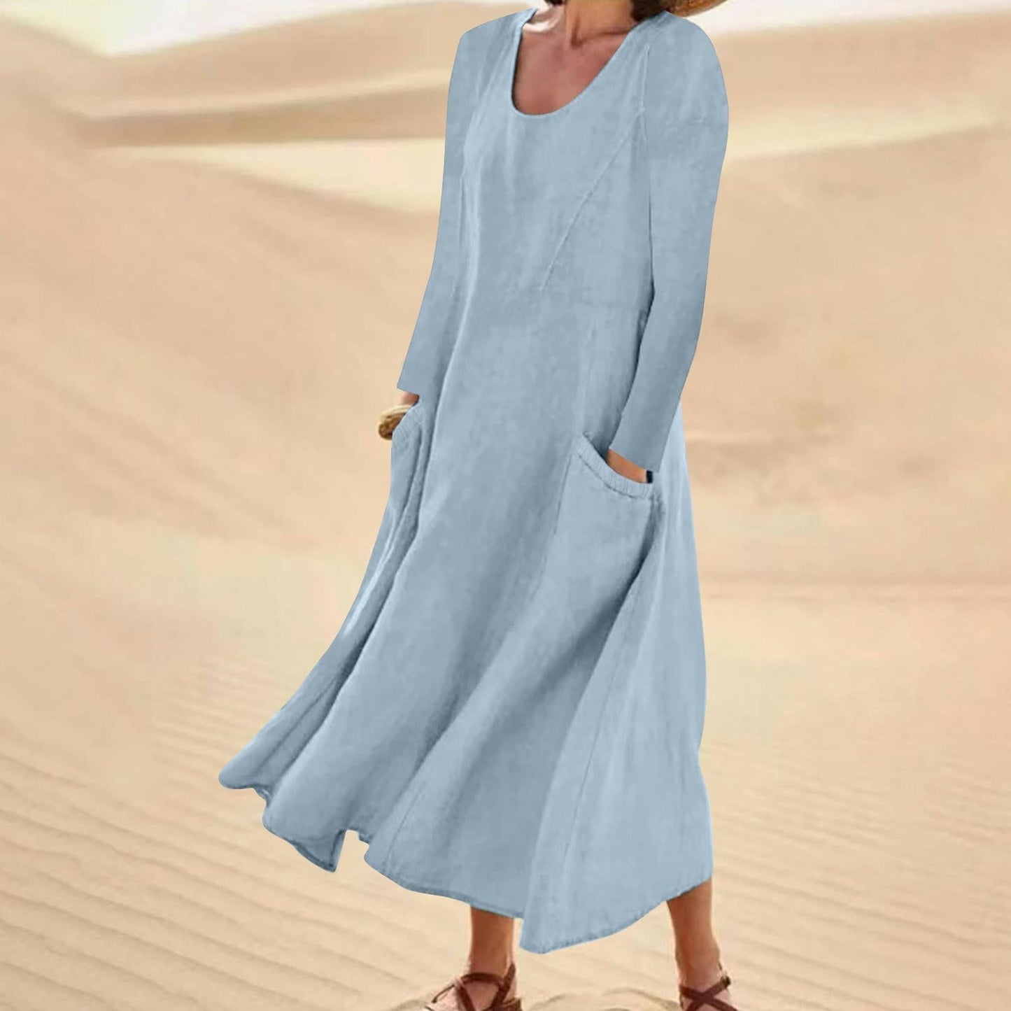 Velly - Plain color dress with long sleeves and round neckline