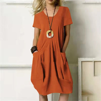 Helena -Even dress with loose round neckline and short sleeves