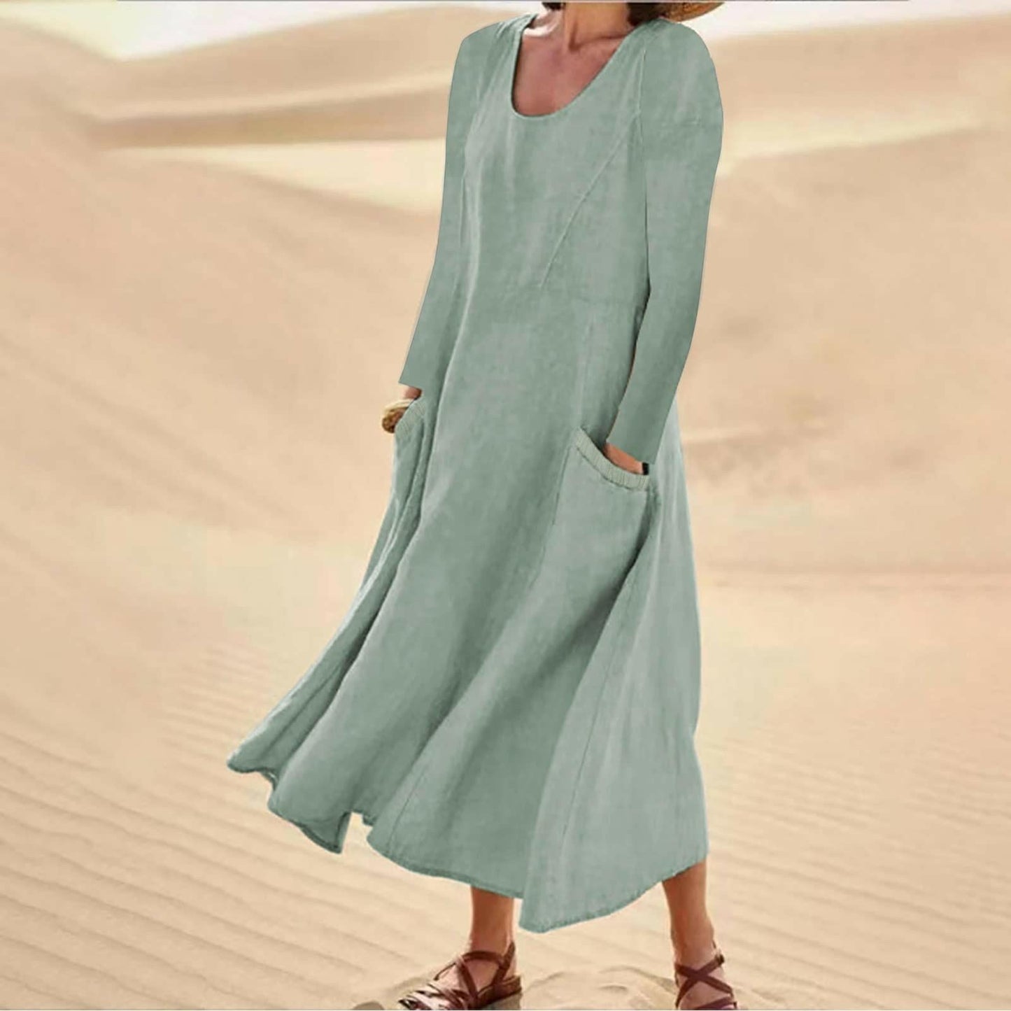 Velly - Plain color dress with long sleeves and round neckline