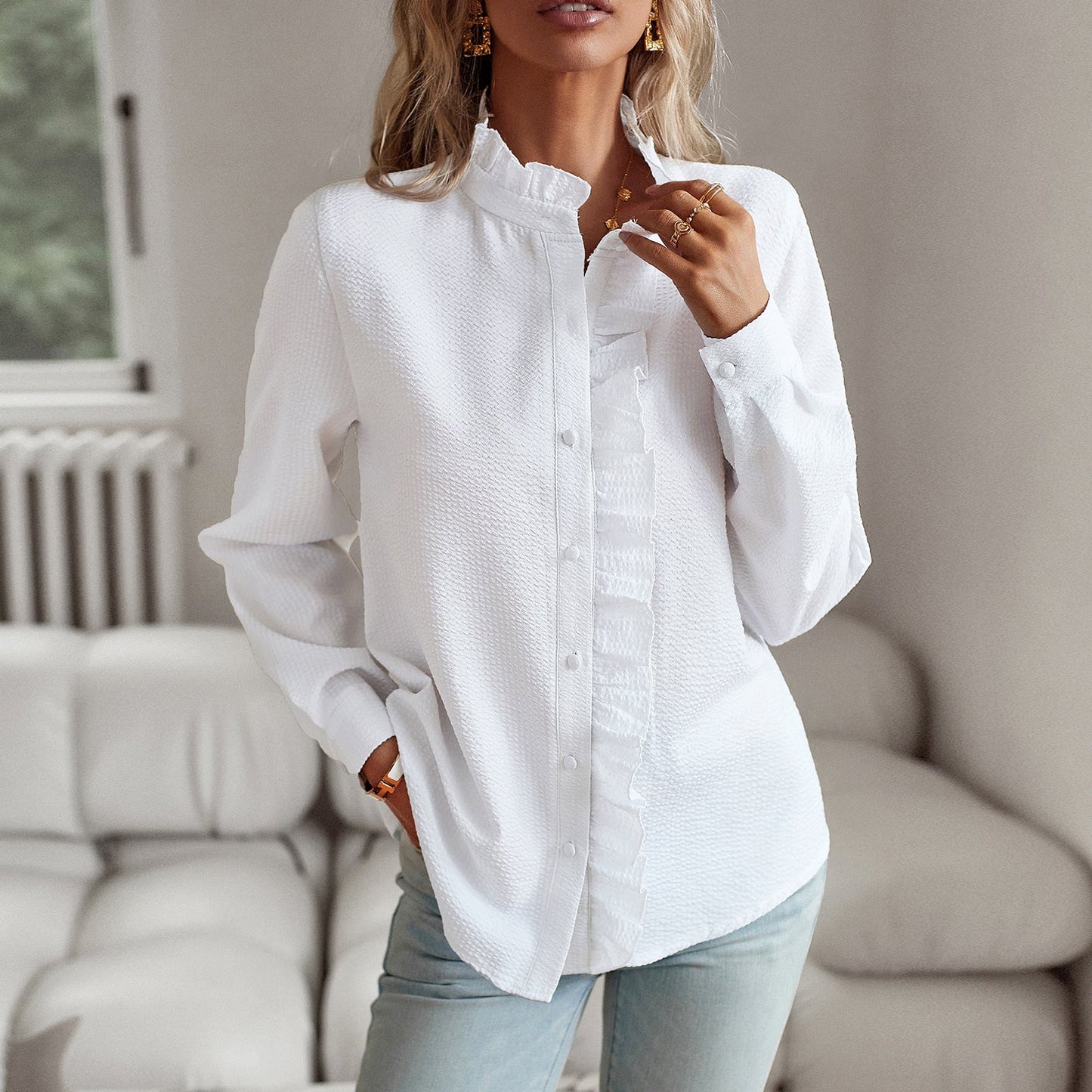 Elegant ruffle longsleeve blouse