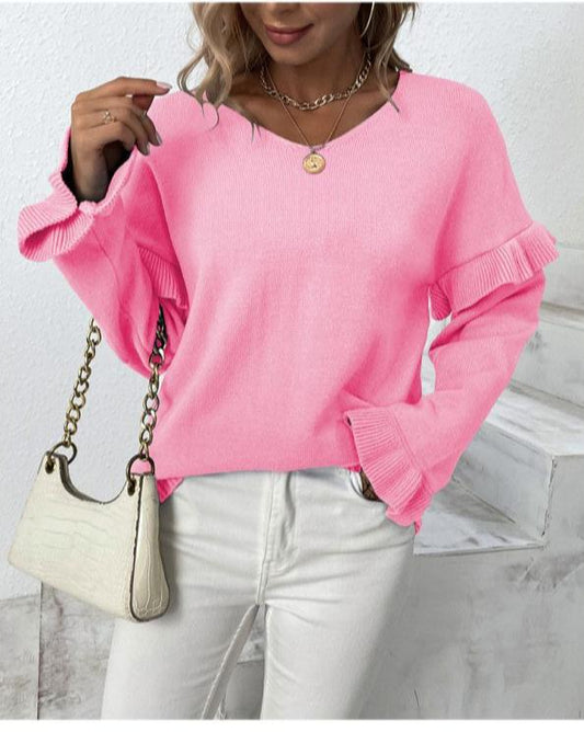 Women's V-Neck Petal Sleeve Sweater - Solid Color