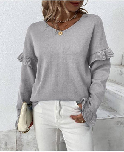 Women's V-Neck Petal Sleeve Sweater - Solid Color