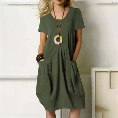 Helena -Even dress with loose round neckline and short sleeves