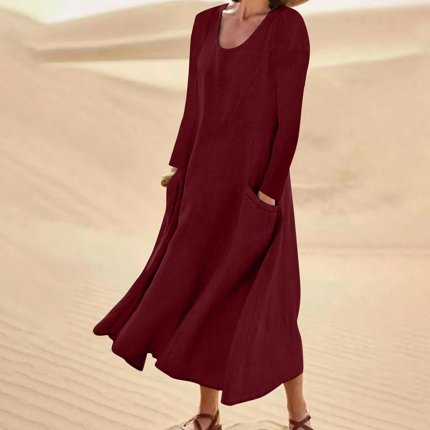 Velly - Plain color dress with long sleeves and round neckline