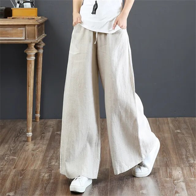 Octavia - Women's Linen and Cotton Trousers with Elastic Waistband