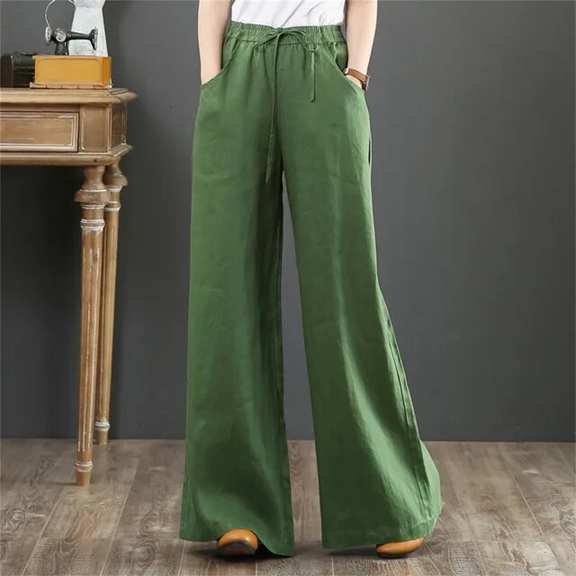 Octavia - Women's Linen and Cotton Trousers with Elastic Waistband