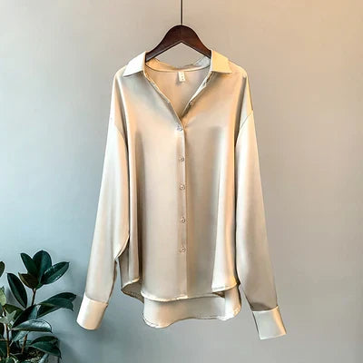 NOIMIE | Korean long sleeve satin blouse with single breasted closure