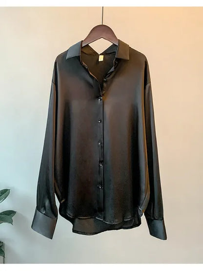 NOIMIE | Korean long sleeve satin blouse with single breasted closure