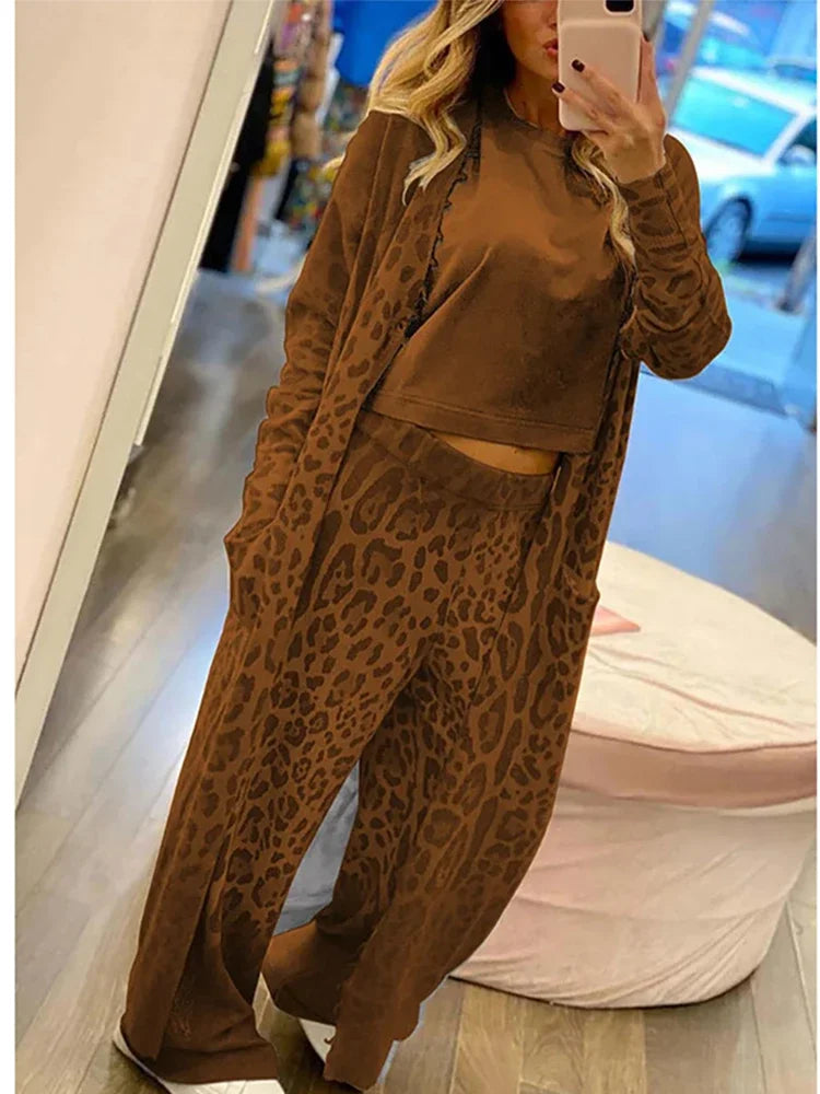 Janice - Set of leopard print vest, long sleeve pocket and pants with elastic waist