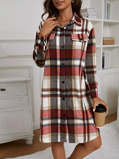 Fashionable long-sleeved jacket with check print and button placket