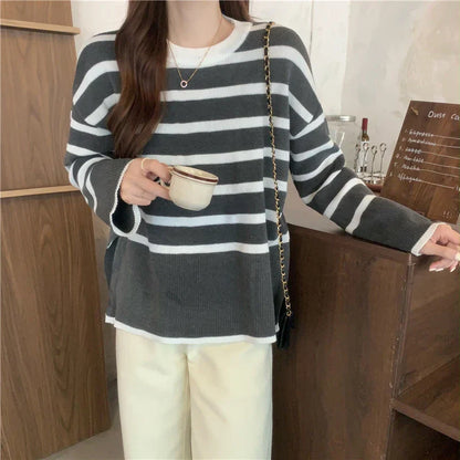 Playful striped knitted sweater for women