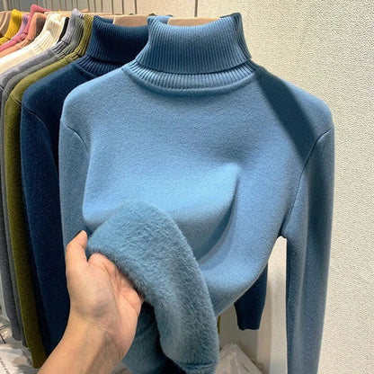 Velvet-lined turtleneck sweater for women