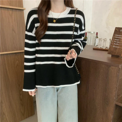 Playful striped knitted sweater for women