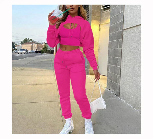 3-piece set jogging pants and sweatshirt short top fleece pants