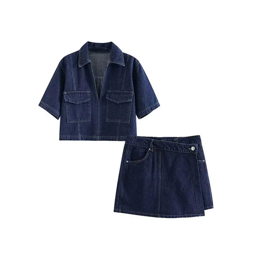 Ladies 2-Piece Set - Traf - Modern - Slim Fit Denim and Asymmetrical Skirt - Perfect for Casual and Semi-Formal Occasions