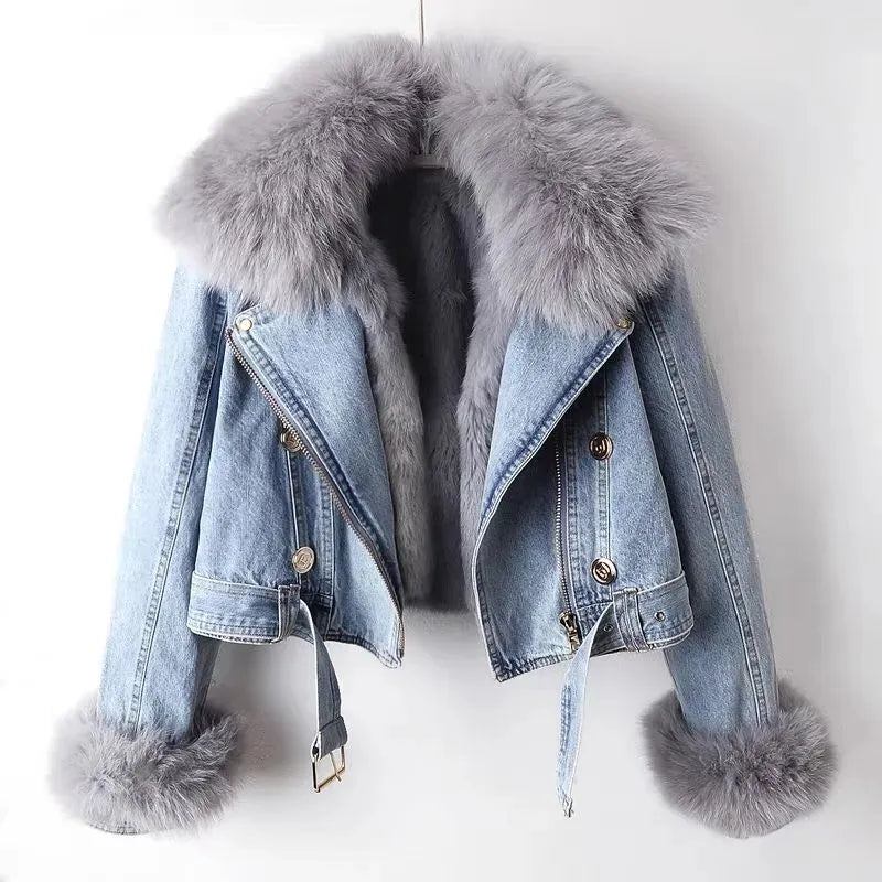 Denim jacket with fur for women