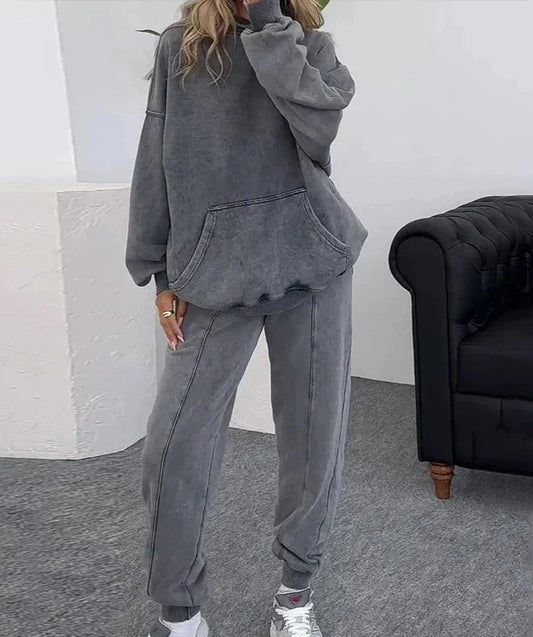 Jess-Mode - Casual fall gray two-piece tracksuit set with front pocket for women