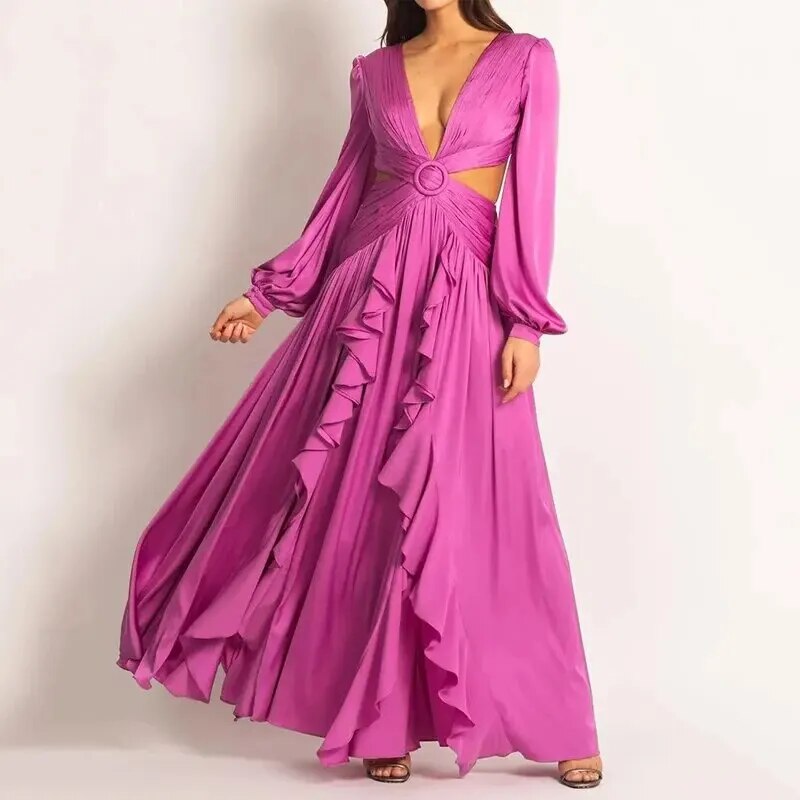 Elisa - Long dress with pleats and ruffles.