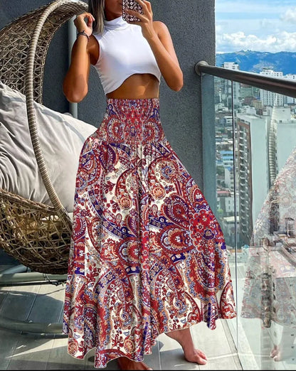 Emmeline - Elastic A-line skirt with high waist, large swing and long skirt