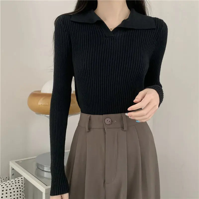 Long-sleeved sweater with collar for women