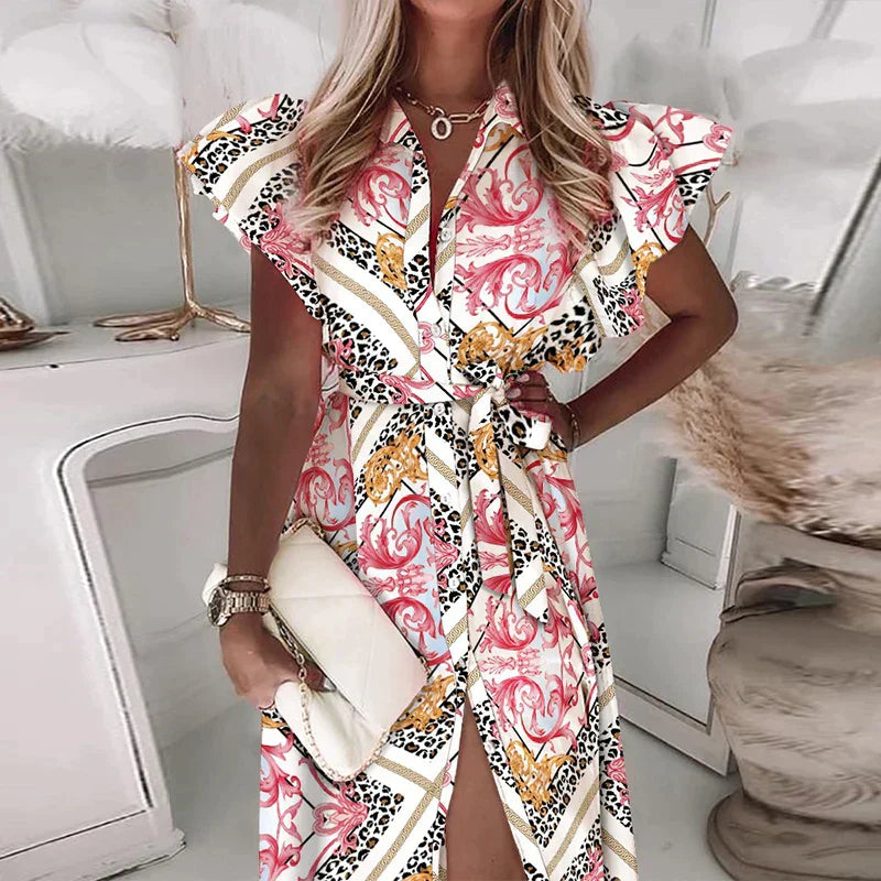 Alexa - Fashion ruffle short sleeve V-neck button print midi dress