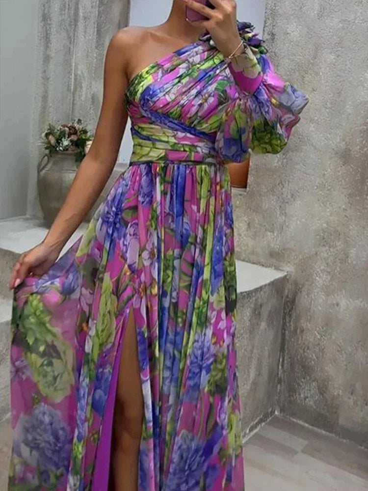 Lilac - Purple print side slit and one sleeve sexy maxi dress