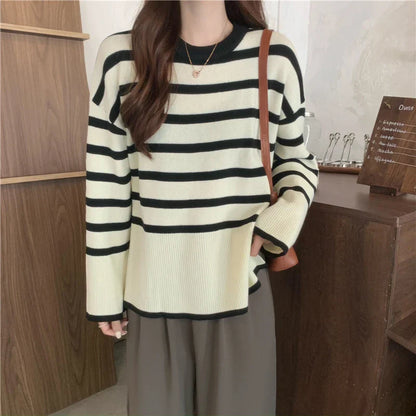 Playful striped knitted sweater for women