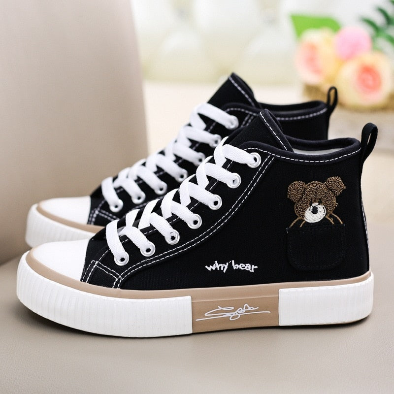 Casual Lace Shoes Black White Bear