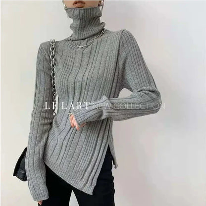 Xanthe - Turtleneck sweater ladies side slit long sleeves