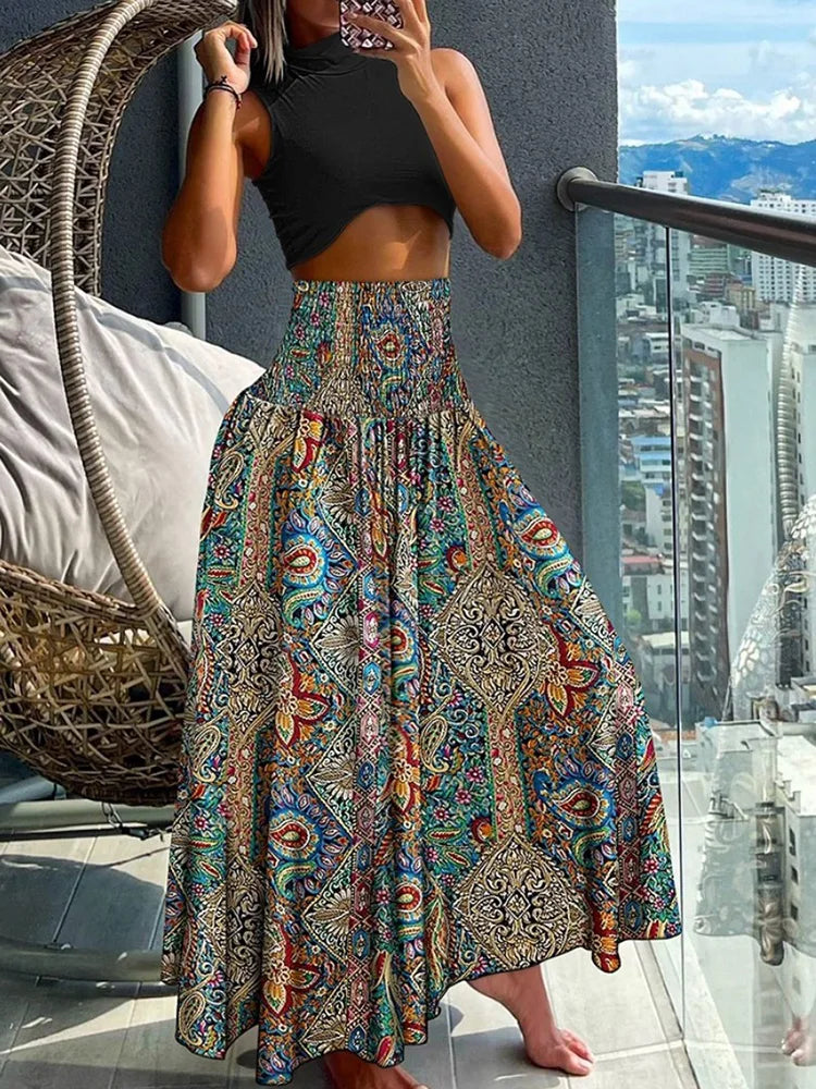 Emmeline - Elastic A-line skirt with high waist, large swing and long skirt