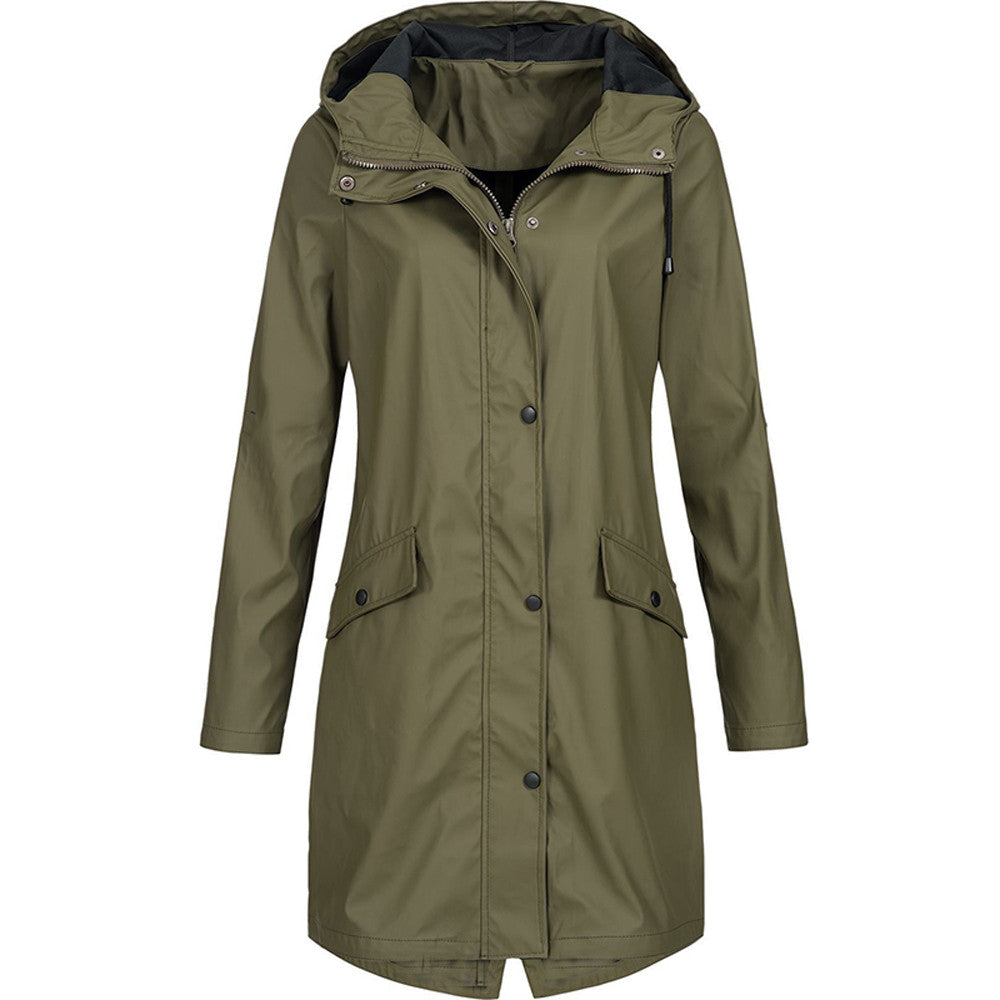 Casual rain jacket with hood, buttons and zipper for women | Ideal for fall/winter