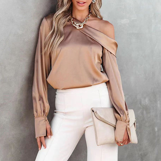 Tannia Blouse | Brown Satin One-Shoulder Blouse