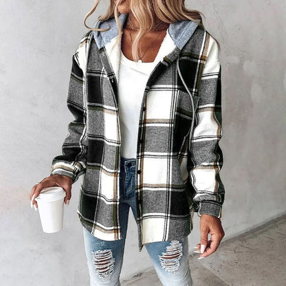 Cozy plaid overshirt with hood for women