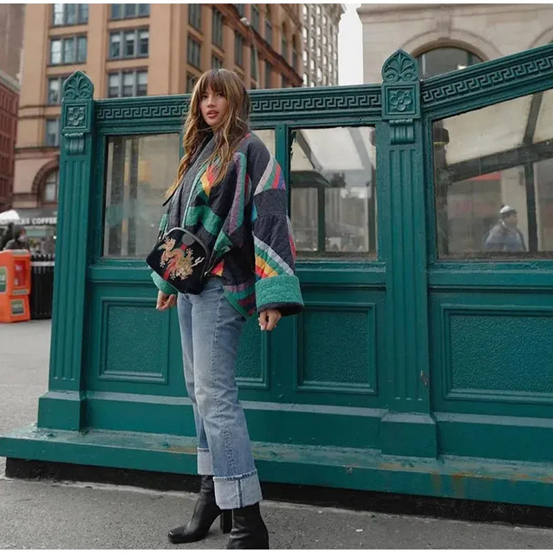 - Quilted kimono jacket with rainbow stripes