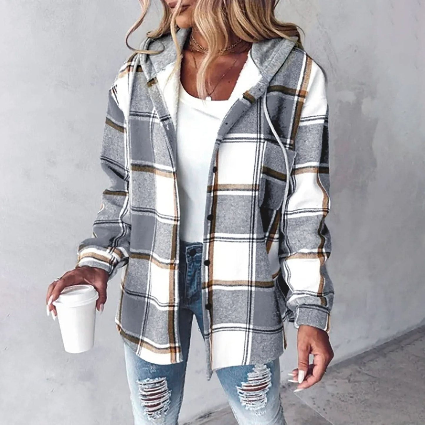 Cozy plaid overshirt with hood for women