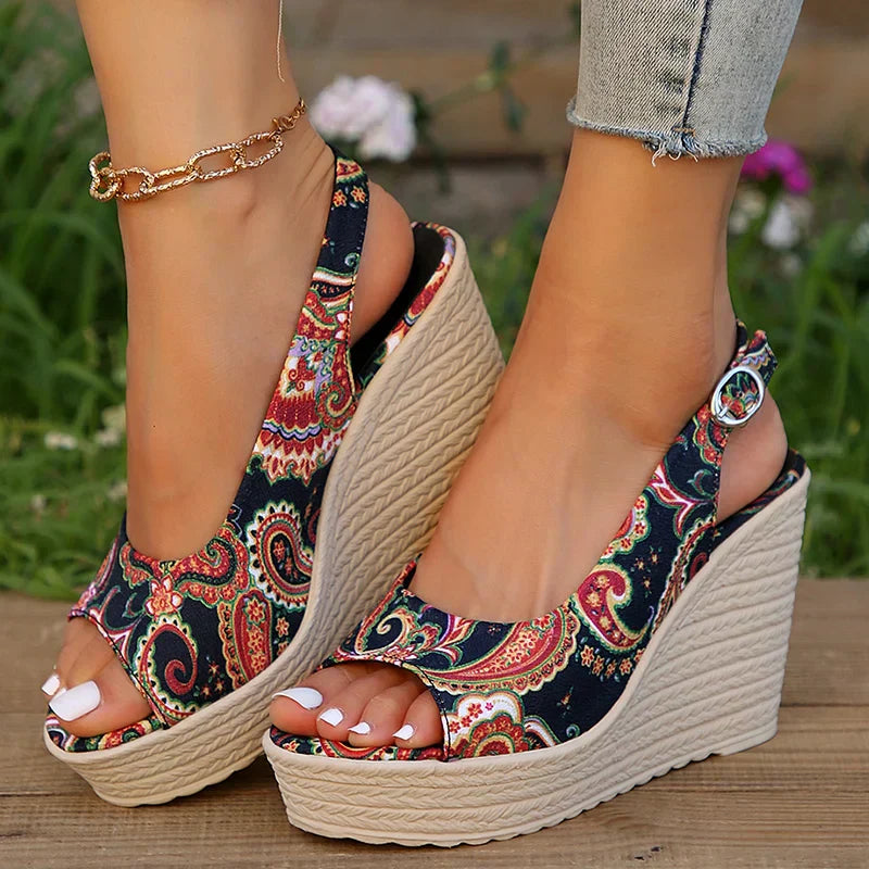 Bohemian style print wedge heel sandals