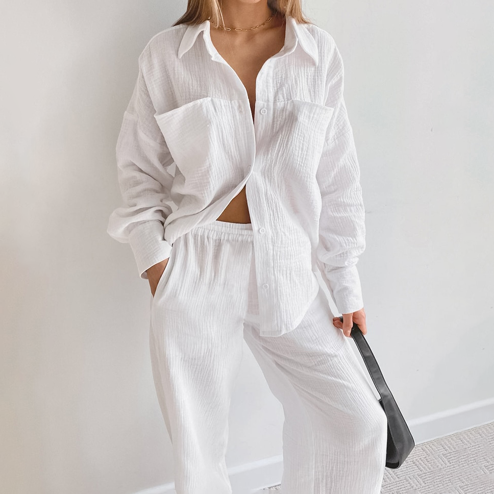 Angela - Women's Comfortable White Cotton Fall Set