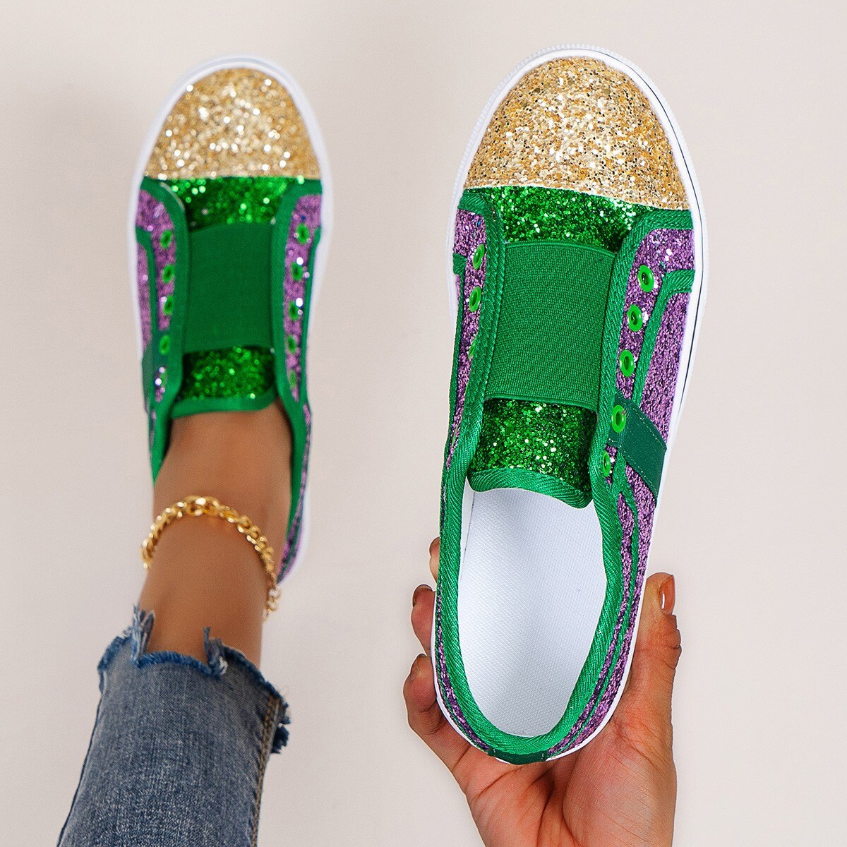 Low-top Colorblock Casual Round Toe Paillettes