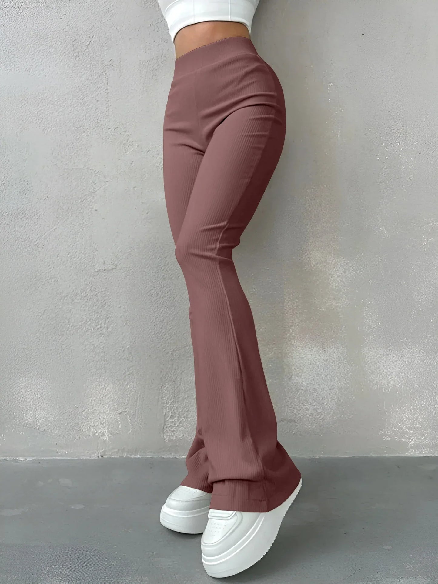 Nina - Women's High-Waisted Ribbed Flared Pants