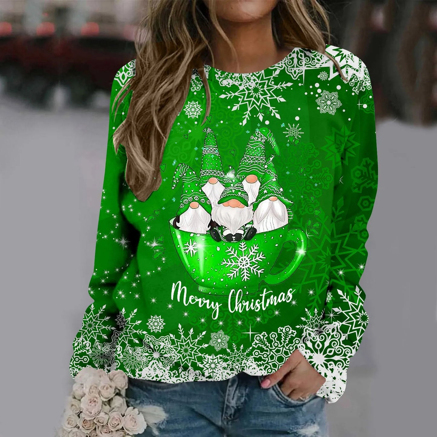 Zorana - Warm sweater with round neckline and Merry Christmas print for women