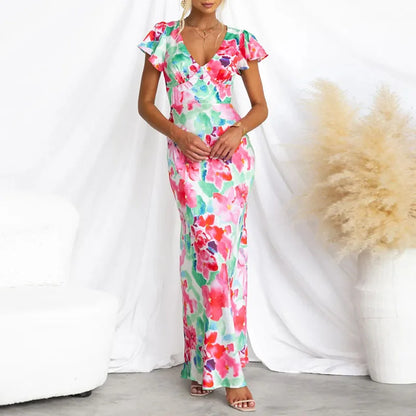 Adelaide - Elegant party dress with V-neckline and floral print