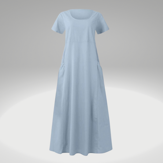 Levy - Plain dress with loose pockets, made of cotton and linen