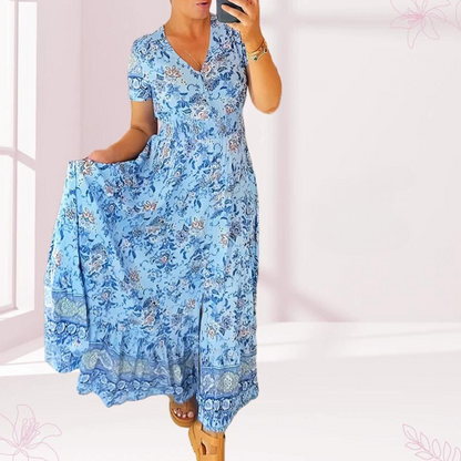 Jewel - Casual long dress with floral pattern and ruffled waist with V-neckline