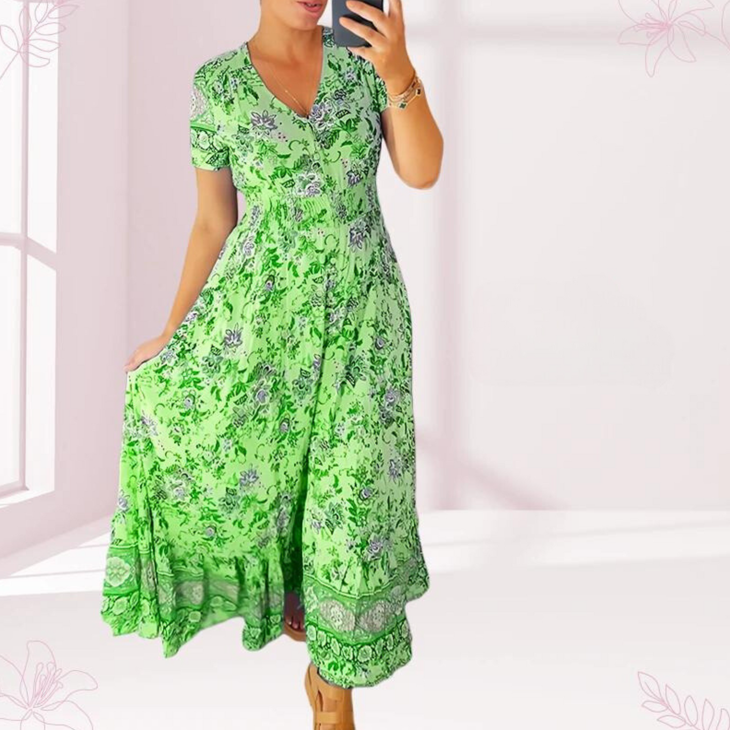 Jewel - Casual long dress with floral pattern and ruffled waist with V-neckline