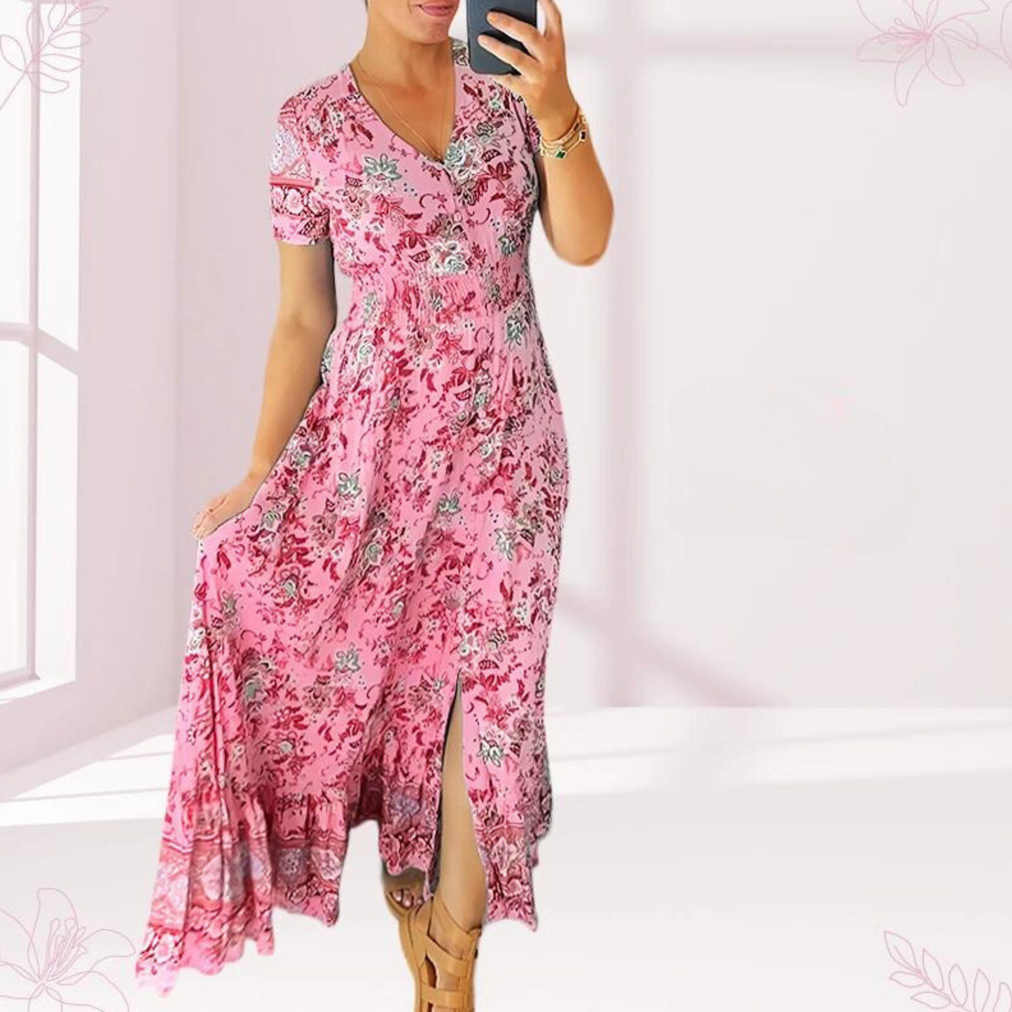 Jewel - Casual long dress with floral pattern and ruffled waist with V-neckline