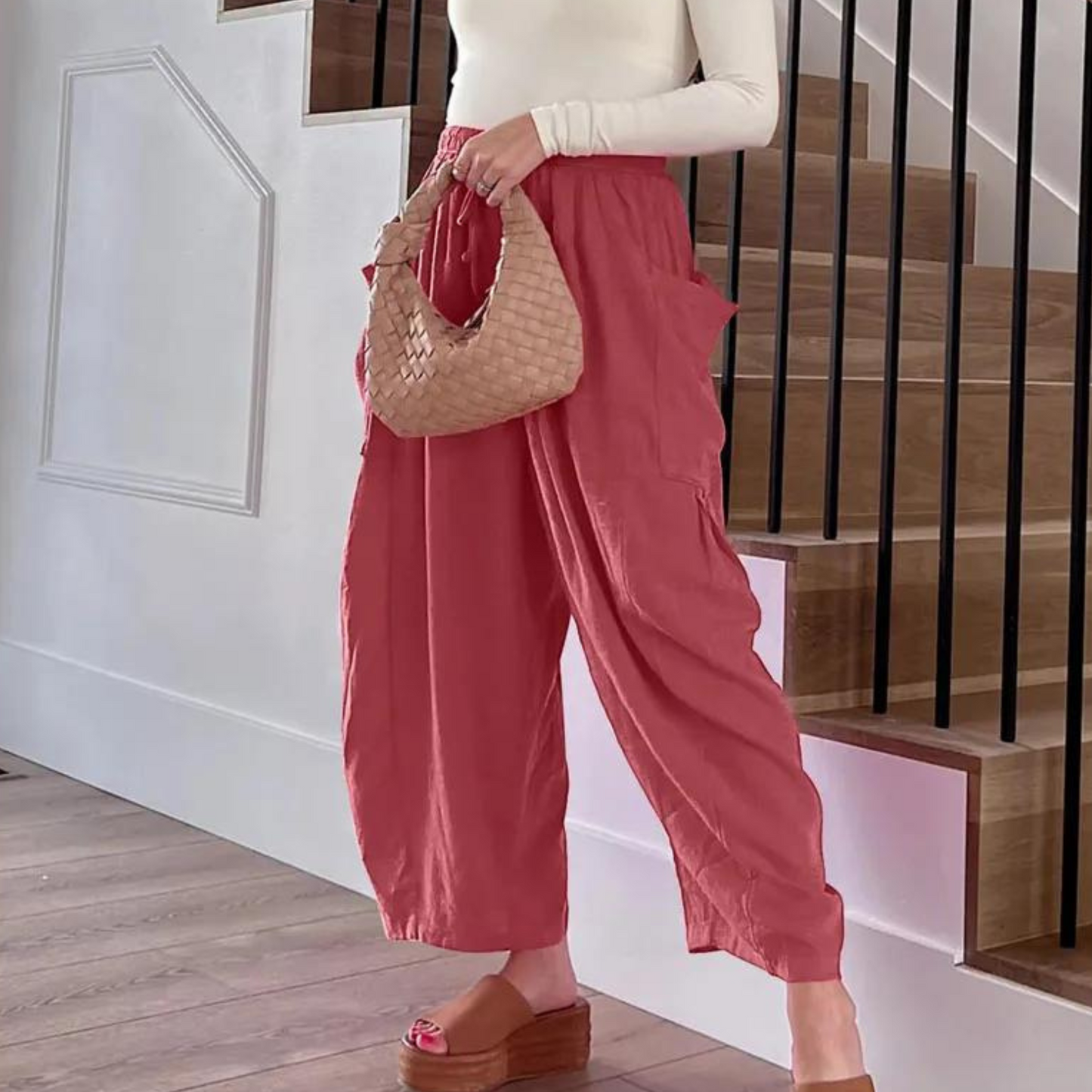 Louinda - Wide-leg cotton and linen pants with elastic waistband and pockets