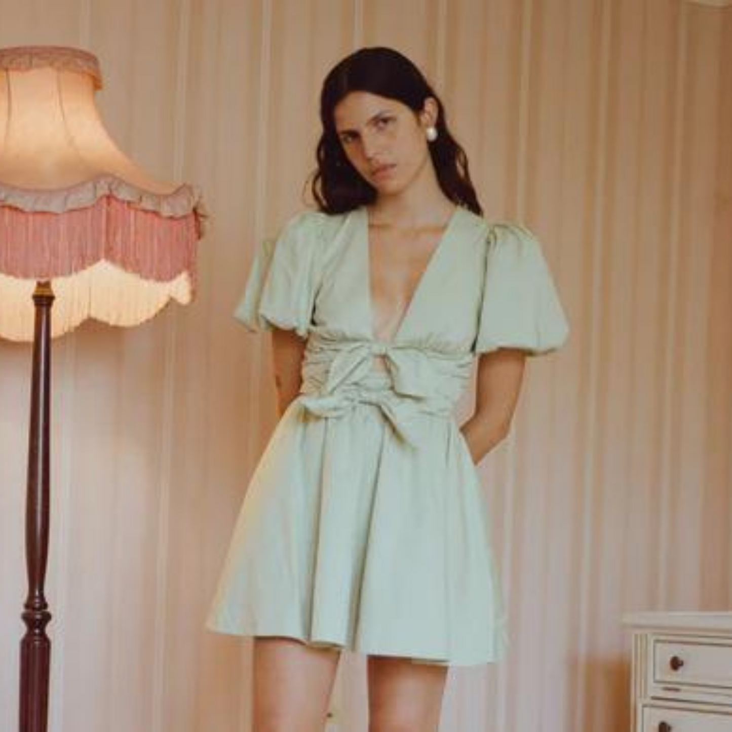 Elizabeth - Sage green mini dress with lacing and knotted bow