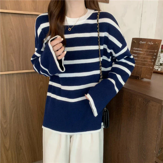 Playful striped knitted sweater for women