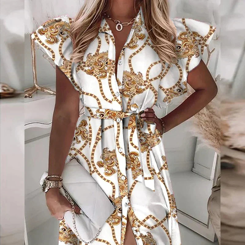 Alexa - Fashion ruffle short sleeve V-neck button print midi dress