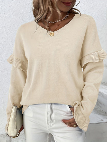 Women's V-Neck Petal Sleeve Sweater - Solid Color